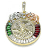 Dije Religioso 05.380.0030.1 Oro Laminado, Diseño de Moneda Centenario y Angel, Diseño de Moneda Centenario, con Cristal Granate y Verde, Pulido, Tricolor