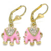 Arete Colgante 02.351.0058.5 Oro Laminado, Diseño de Elefante, con Cristal Blanca, Esmaltado Rosado, Dorado