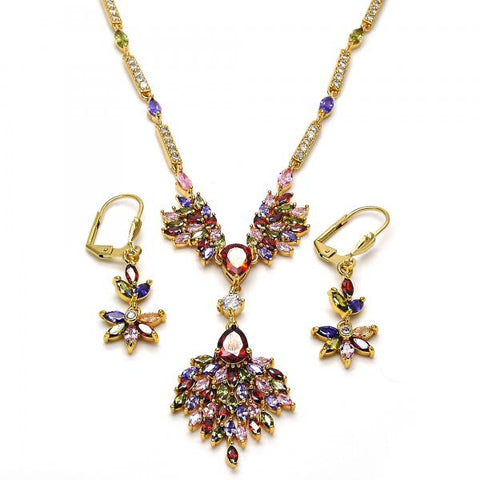 Collar y Arete 06.221.0009 Oro Laminado, Diseño de Gota, con Zirconia Cubica Multicolor, Pulido, Dorado