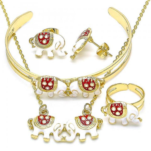 Collar, Pulso, Arete y Anillo 06.361.0028 Oro Laminado, Diseño de Elefante, Esmaltado Rojo, Dorado