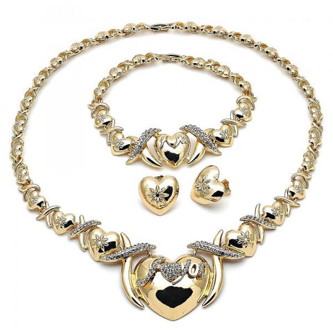 Collar, Pulso y Arete 06.372.0044 Oro Laminado, Diseño de Besos y Abrazos y Corazon, Diseño de Besos y Abrazos, con Cristal Blanca, Pulido, Dorado