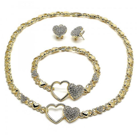 Collar, Pulso y Arete 06.372.0005 Oro Laminado, Diseño de Corazon y Besos y Abrazos, Diseño de Corazon, con Cristal Blanca, Pulido, Dorado