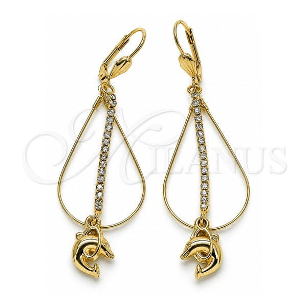 Arete Largo 5.063.002 Oro Laminado, Diseño de Delfín y Gota, con Blanca Zirconia Cubica, Pulido, Tono Dorado