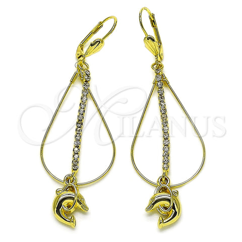 Arete Largo 5.063.002 Oro Laminado, Diseño de Delfín y Gota, con Blanca Zirconia Cubica, Pulido, Tono Dorado