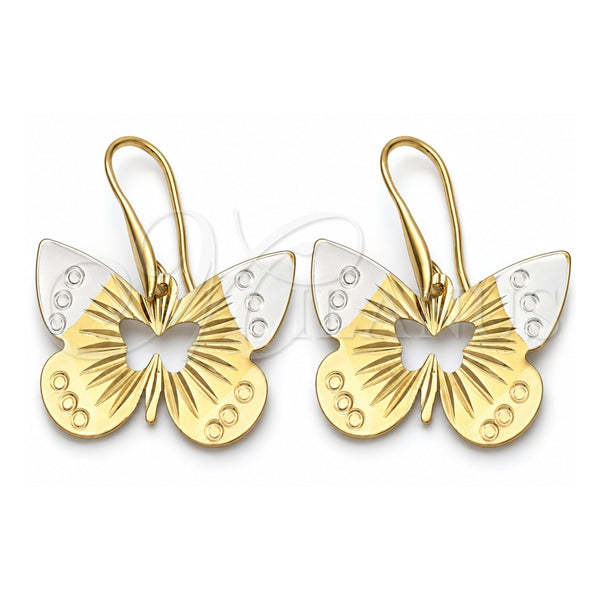 Arete Colgante 5.067.006 Oro Laminado, Diseño de Mariposa, Diamantado, Tres Tonos