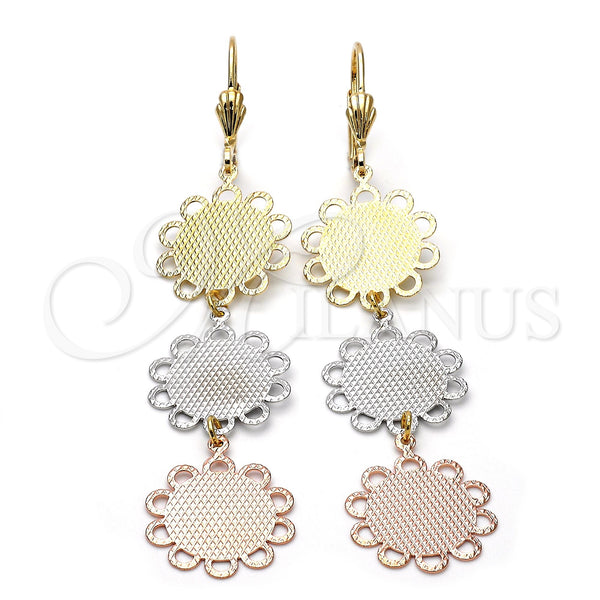 Arete Largo 5.069.005 Oro Laminado, Diseño de Flor, Diamantado, Tres Tonos