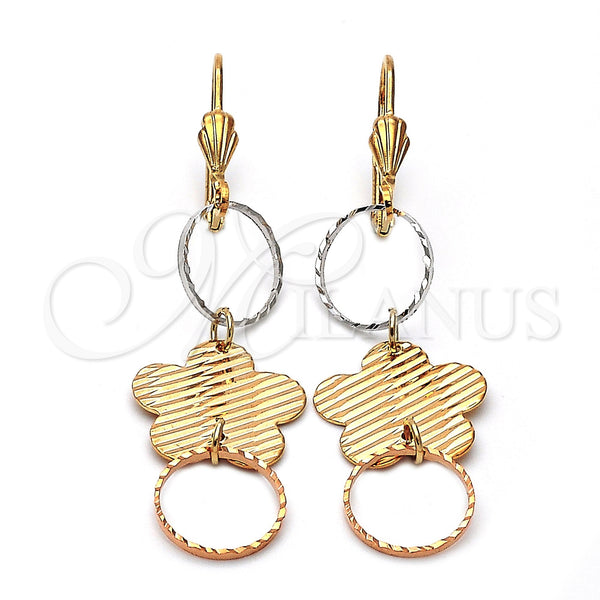Arete Largo 5.076.014 Oro Laminado, Diseño de Flor, Diamantado, Tres Tonos
