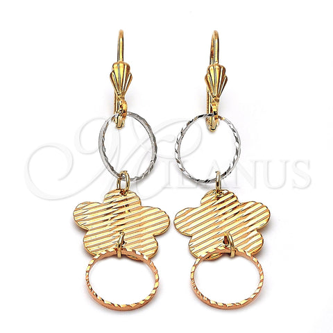 Arete Largo 5.076.014 Oro Laminado, Diseño de Flor, Diamantado, Tres Tonos