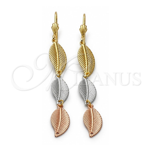 Arete Largo 5.075.004.1 Oro Laminado, Diseño de Oja, Diamantado, Tres Tonos