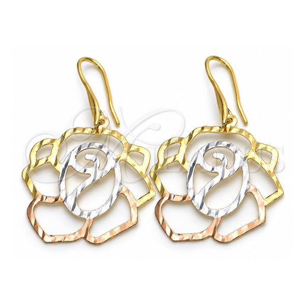 Arete Colgante 5.079.011 Oro Laminado, Diseño de Flor, Pulido, Tres Tonos