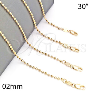 Gargantilla Basica 04.65.0152.30 Oro Laminado, Diseño de Bola, Pulido, Tono Dorado (02 MM Thickness, 30 Inches Length)