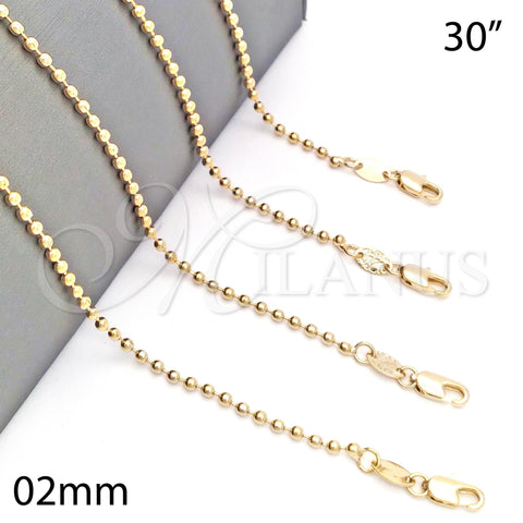 Gargantilla Basica 04.65.0152.30 Oro Laminado, Diseño de Bola, Pulido, Tono Dorado (02 MM Thickness, 30 Inches Length)
