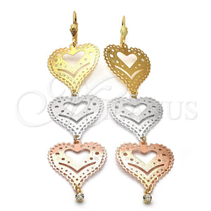 Arete Largo 5.091.004 Oro Laminado, Diseño de Corazón y Flor, con Blanca Zirconia Cubica, Diamantado, Tres Tonos