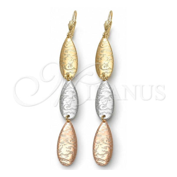 Arete Largo 5.096.001 Oro Laminado, Diseño de Oja, Pulido, Tres Tonos