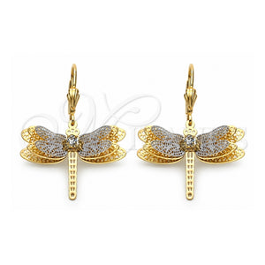 Arete Colgante 5.096.011 Oro Laminado, Diseño de Mariposa, con Zirconia Cubica Blanca, Pulido, Tres Tonos