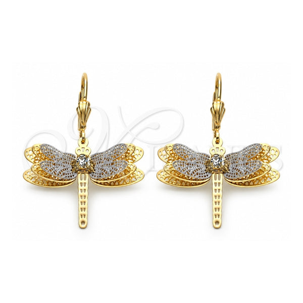 Arete Colgante 5.096.011 Oro Laminado, Diseño de Mariposa, con Zirconia Cubica Blanca, Pulido, Tres Tonos