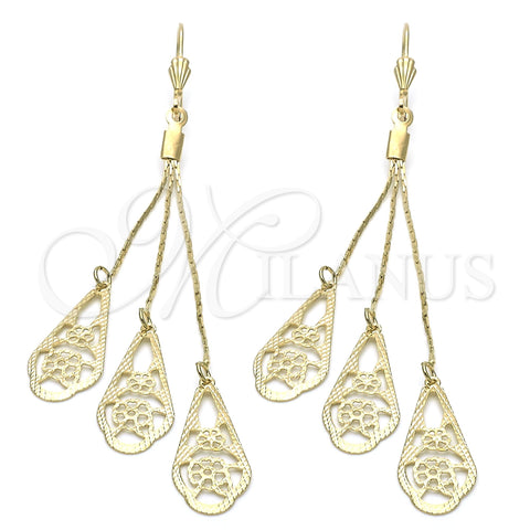Arete Largo 5.097.006 Oro Laminado, Diseño de Flor, con Blanca Zirconia Cubica, Diamantado, Tono Dorado