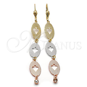 Arete Largo 5.097.008 Oro Laminado, Diseño de Oja, con Blanca Zirconia Cubica, Diamantado, Tres Tonos