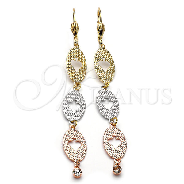 Arete Largo 5.097.008 Oro Laminado, Diseño de Oja, con Blanca Zirconia Cubica, Diamantado, Tres Tonos