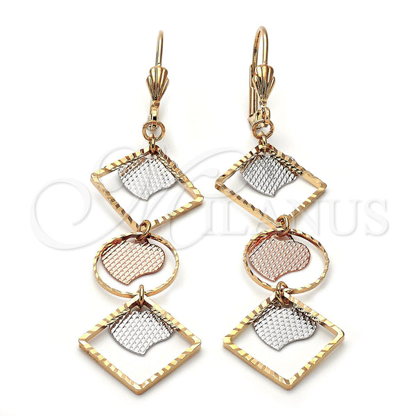 Arete Largo 5.105.004.1 Oro Laminado, Diseño de Corazón, Cepillado, Tres Tonos