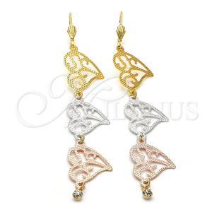 Arete Largo 5.109.001 Oro Laminado, Diseño de Corazón, con Blanca Zirconia Cubica, Diamantado, Tres Tonos