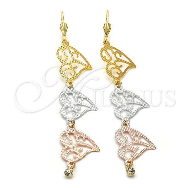 Arete Largo 5.109.001 Oro Laminado, Diseño de Corazón, con Blanca Zirconia Cubica, Diamantado, Tres Tonos