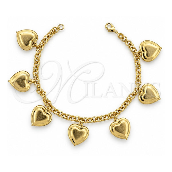 Pulsera de Dije 031.004.07 Oro Laminado, Diseño de Corazón y Rolo, Mate, Tono Dorado (Grosor 05 MM, 7 Pulgadas de Largo)
