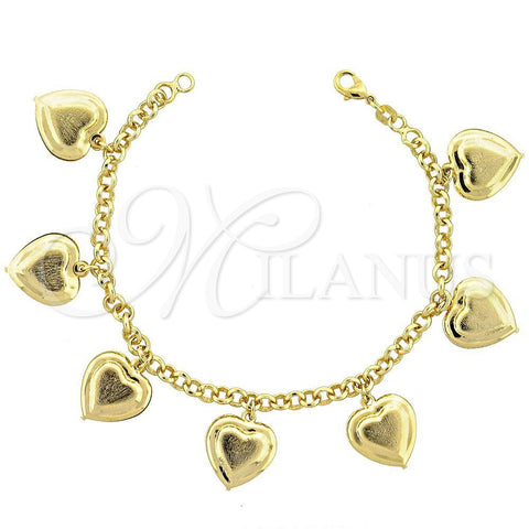 Pulsera de Dije 031.004.07 Oro Laminado, Diseño de Corazón y Rolo, Mate, Tono Dorado (05 MM Thickness, 7 Inches Length)