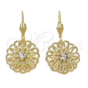 Arete Colgante 5.005.006 Oro Laminado, Diseño de Flor, con Blanca Zirconia Cubica, Diamantado, Tono Dorado