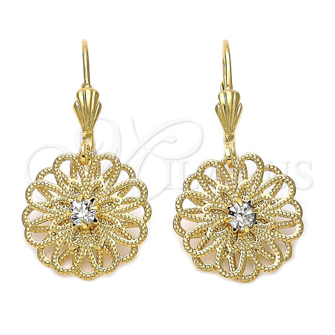 Arete Colgante 5.005.006 Oro Laminado, Diseño de Flor, con Blanca Zirconia Cubica, Diamantado, Tono Dorado