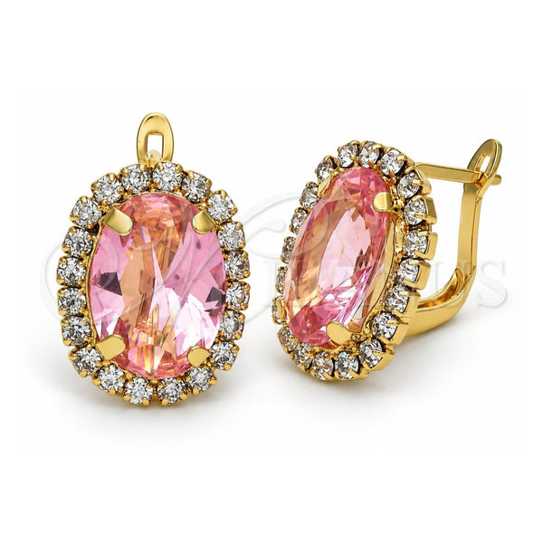 Arete Gancho Frances 5.013.009 Oro Laminado, Diseño de Flor, con Zirconia Cubica Rosa y Blanca, Pulido, Tono Dorado