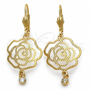 Arete Colgante 5.017.011 Oro Laminado, Diseño de Flor, con Blanca Zirconia Cubica, Diamantado, Tono Dorado
