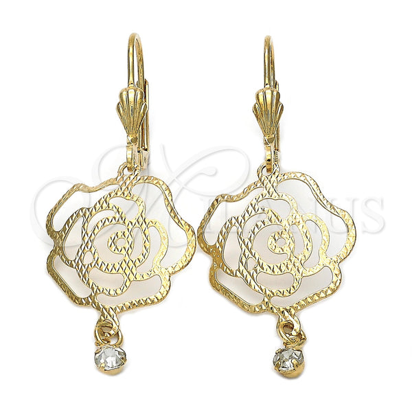 Arete Colgante 5.017.011 Oro Laminado, Diseño de Flor, con Blanca Zirconia Cubica, Diamantado, Tono Dorado