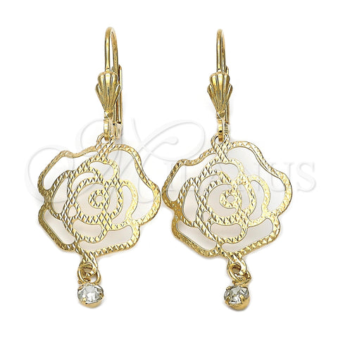 Arete Colgante 5.017.011 Oro Laminado, Diseño de Flor, con Blanca Zirconia Cubica, Diamantado, Tono Dorado