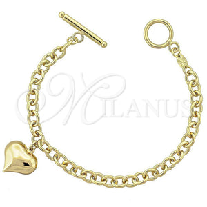 Pulsera de Dije 5.023.003 Oro Laminado, Diseño de Corazón y Rolo, Pulido, Tono Dorado (06 MM Thickness, 7 Inches Length)