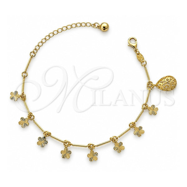 Pulsera de Dije 5.033.010 Oro Laminado, Diseño de Flor y Gota, con Zirconia Cubica Blanca, Diamantado, Tono Dorado (Grosor 03 MM, 9 Pulgadas de Largo)