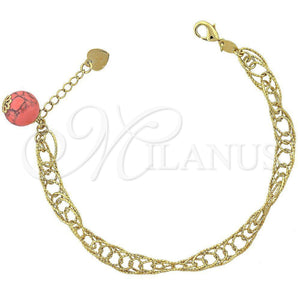 Pulsera de Dije 5.037.007 Oro Laminado, Diseño de Bola, con Rodolito Claro Opal and Rosado Perla, Diamantado, Tono Dorado (08 MM Thickness, 8 Inches Length)