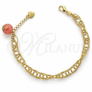 Pulsera de Dije 5.037.007 Oro Laminado, Diseño de Bola, con Rodolito Claro Opal and Rosado Perla, Diamantado, Tono Dorado (08 MM Thickness, 8 Inches Length)