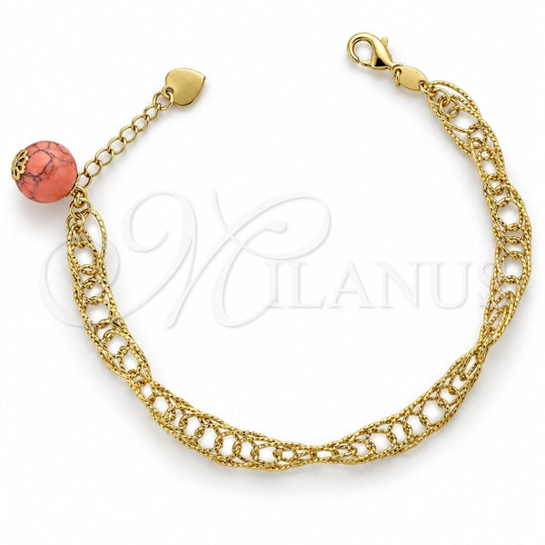 Pulsera de Dije 5.037.007 Oro Laminado, Diseño de Bola, con Rodolito Claro Opal and Rosado Perla, Diamantado, Tono Dorado (08 MM Thickness, 8 Inches Length)