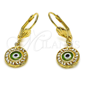 Arete Colgante 5.039.015.1 Oro Laminado, Diseño de Ojo Griego, Resinado Verde, Tono Dorado