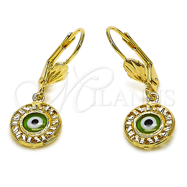 Arete Colgante 5.039.015.1 Oro Laminado, Diseño de Ojo Griego, Resinado Verde, Tono Dorado