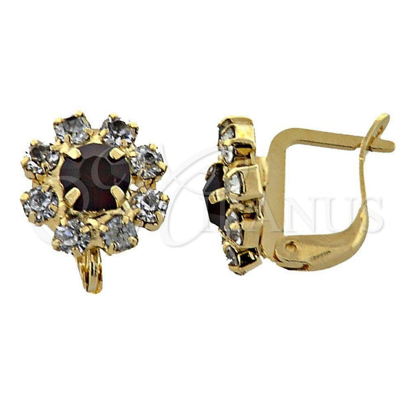 Arete Gancho Frances 02.63.0096.4 Oro Laminado, Diseño de Flor, con Granate and Blanca Zirconia Cubica, Pulido, Tono Dorado