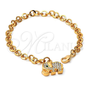 Pulsera de Dije 03.63.0552 Oro Laminado, Diseño de Elefante, con Verde and Blanca Cristal, Pulido, Tono Dorado (05 MM Thickness, 7 Inches Length)