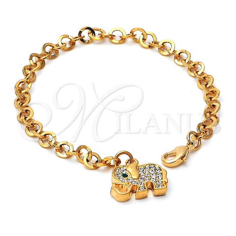 Pulsera de Dije 03.63.0552 Oro Laminado, Diseño de Elefante, con Verde and Blanca Cristal, Pulido, Tono Dorado (05 MM Thickness, 7 Inches Length)