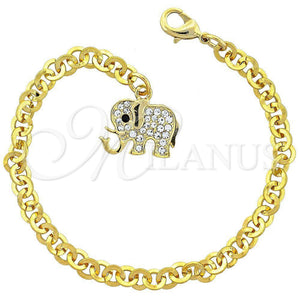 Pulsera de Dije 03.63.0552.1 Oro Laminado, Diseño de Elefante, con Negro and Blanca Cristal, Esmaltado Negro, Tono Dorado (17 MM Thickness, 7 Inches Length)