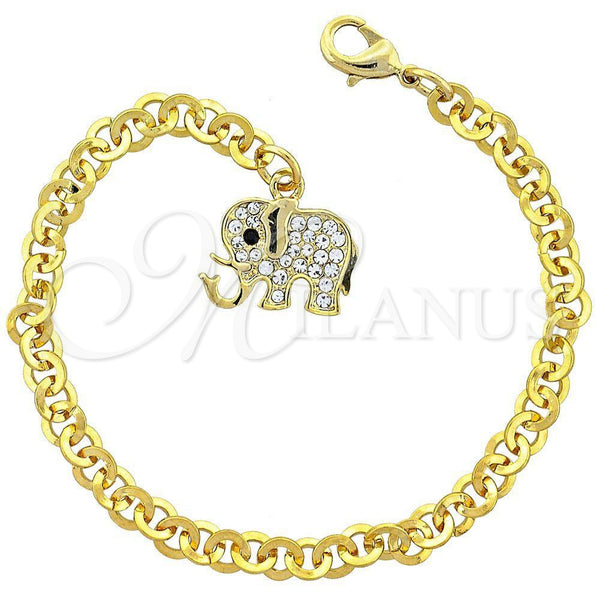 Pulsera de Dije 03.63.0552.1 Oro Laminado, Diseño de Elefante, con Negro and Blanca Cristal, Esmaltado Negro, Tono Dorado (17 MM Thickness, 7 Inches Length)