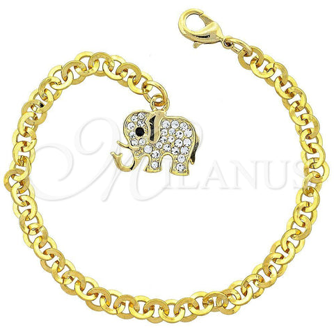 Pulsera de Dije 03.63.0552.1 Oro Laminado, Diseño de Elefante, con Negro and Blanca Cristal, Esmaltado Negro, Tono Dorado (17 MM Thickness, 7 Inches Length)