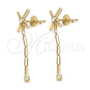 Arete Largo 02.01.0058 Oro Laminado, con Blanca Zirconia Cubica, Pulido, Tono Dorado