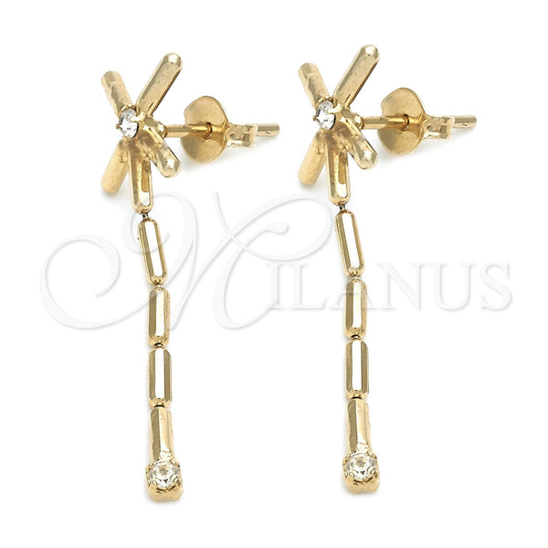 Arete Largo 02.01.0058 Oro Laminado, con Blanca Zirconia Cubica, Pulido, Tono Dorado