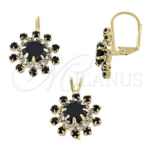 Juego de Arete y Dije de Adulto 5.057.001 Oro Laminado, Diseño de Flor, con Negro and Blanca Zirconia Cubica, Pulido, Tono Dorado